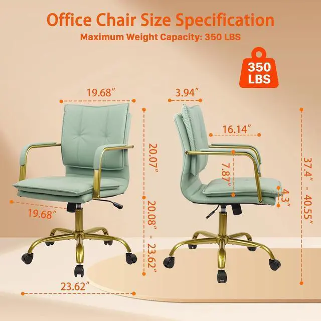 Alt view image 3 of 6 - Leather Home Office Desk Chairs, Swivel Mid-Back Computer Chair with Golden Legs and Arms, Comfy Upholstered Task Chair with Wheels, Green