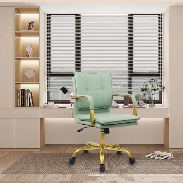 Alt view image 4 of 6 - Leather Home Office Desk Chairs, Swivel Mid-Back Computer Chair with Golden Legs and Arms, Comfy Upholstered Task Chair with Wheels, Green