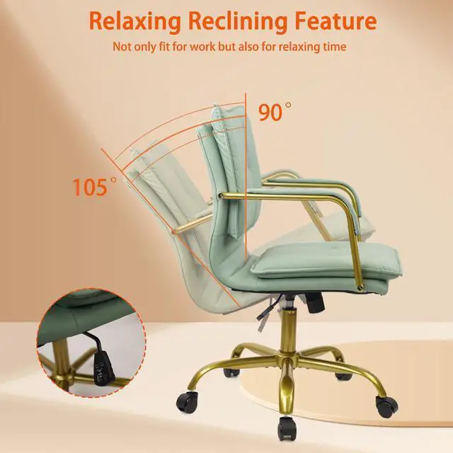 Alt view image 6 of 6 - Leather Home Office Desk Chairs, Swivel Mid-Back Computer Chair with Golden Legs and Arms, Comfy Upholstered Task Chair with Wheels, Green