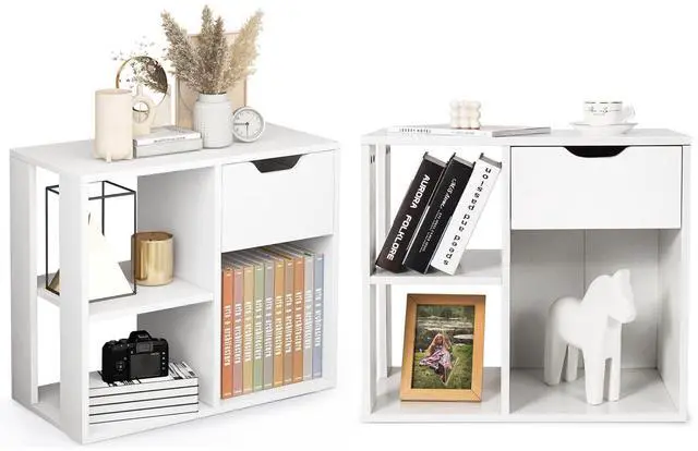 Main image of 3 Cube Bookcase with Drawer, 2 Tier Bookshelf for Small Space, Modern Freestanding Display Rack with Open Shelves, White Book Case, Wood Cube Storage Organizer Bedroom Living Room, 2 Pack