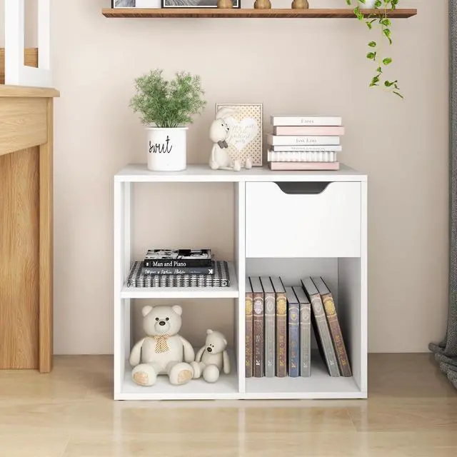 Alt view image 4 of 6 - 3 Cube Bookcase with Drawer, 2 Tier Bookshelf for Small Space, Modern Freestanding Display Rack with Open Shelves, White Book Case, Wood Cube Storage Organizer Bedroom Living Room, 2 Pack