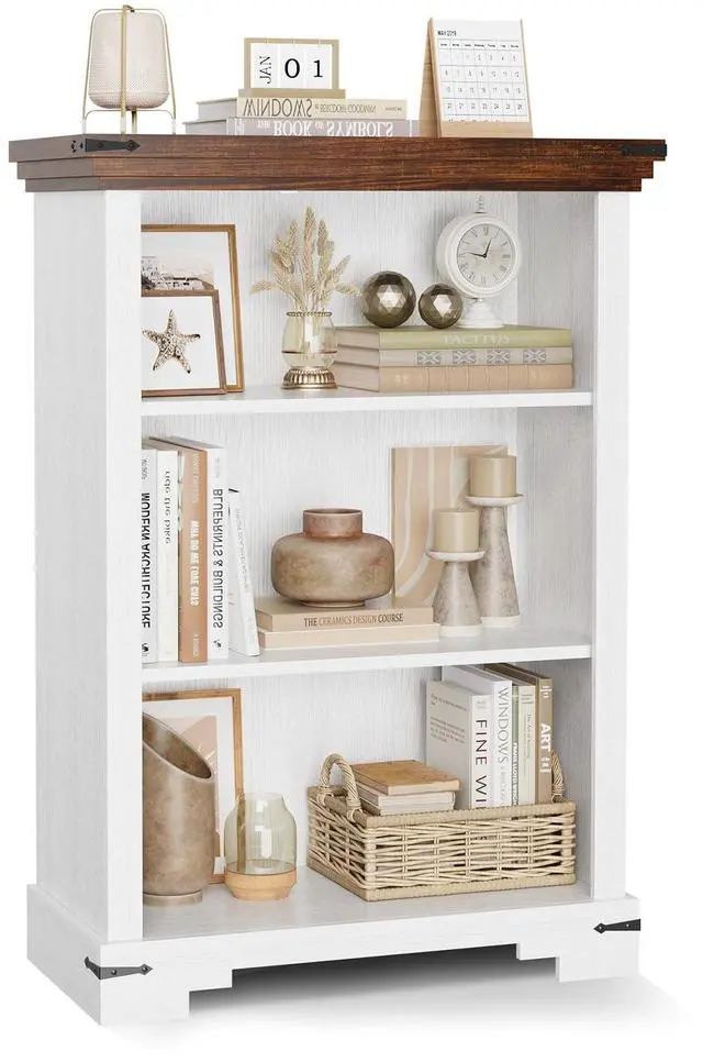 Main image of 3-Tier Farmhouse Bookshelf, Book Shelf with Open Storage & One Adjustable Shelf, 9.8" D x 26" W x 38" H, Wooden Bookshelf for Study Room, Living Room, Kitchen, Bedroom (White)