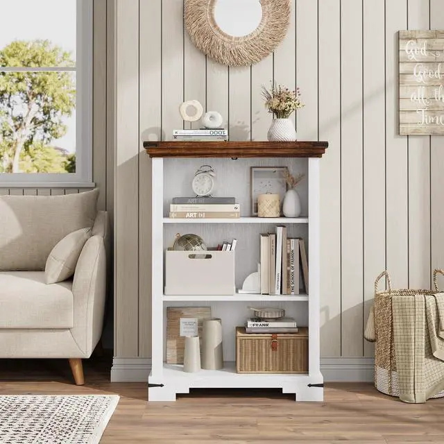 Alt view image 2 of 6 - 3-Tier Farmhouse Bookshelf, Book Shelf with Open Storage & One Adjustable Shelf, 9.8" D x 26" W x 38" H, Wooden Bookshelf for Study Room, Living Room, Kitchen, Bedroom (White)