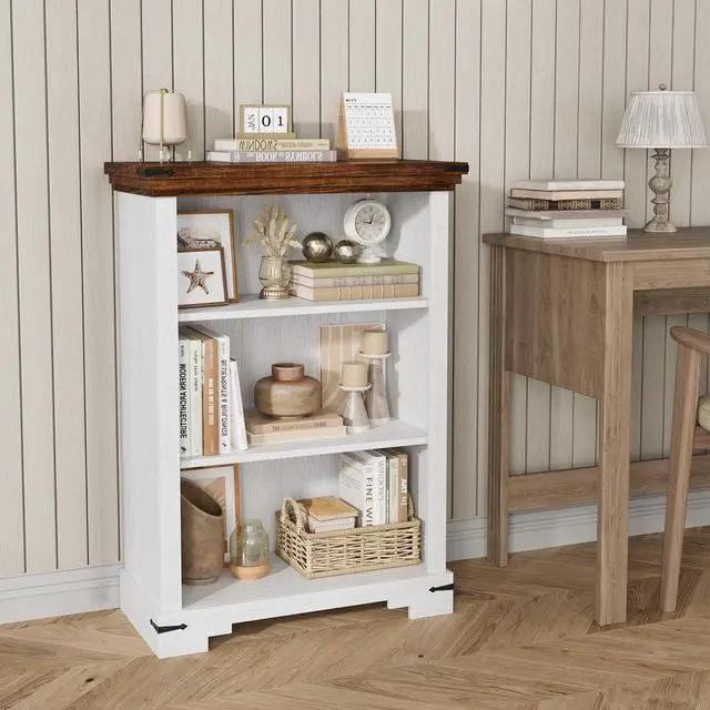 Alt view image 6 of 6 - 3-Tier Farmhouse Bookshelf, Book Shelf with Open Storage & One Adjustable Shelf, 9.8" D x 26" W x 38" H, Wooden Bookshelf for Study Room, Living Room, Kitchen, Bedroom (White)