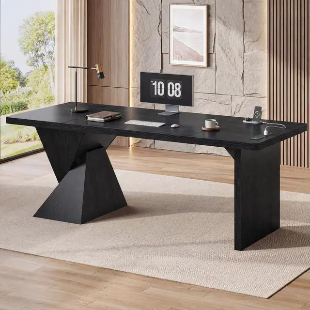 Main image of 70.9 Inch Executive Desk with Power Outlet, Large Home Office Desk, Modern Aesthetic Computer Writing Table Workstation Business Furniture,Black