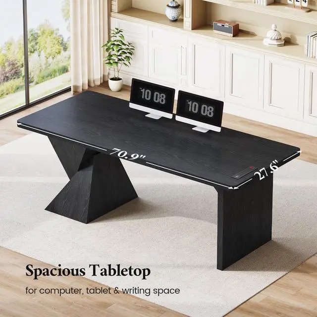 Alt view image 4 of 6 - 70.9 Inch Executive Desk with Power Outlet, Large Home Office Desk, Modern Aesthetic Computer Writing Table Workstation Business Furniture,Black