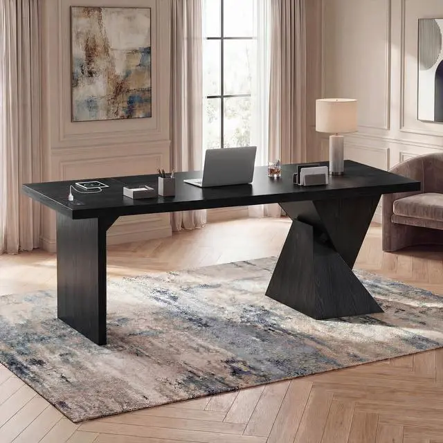 Alt view image 6 of 6 - 70.9 Inch Executive Desk with Power Outlet, Large Home Office Desk, Modern Aesthetic Computer Writing Table Workstation Business Furniture,Black