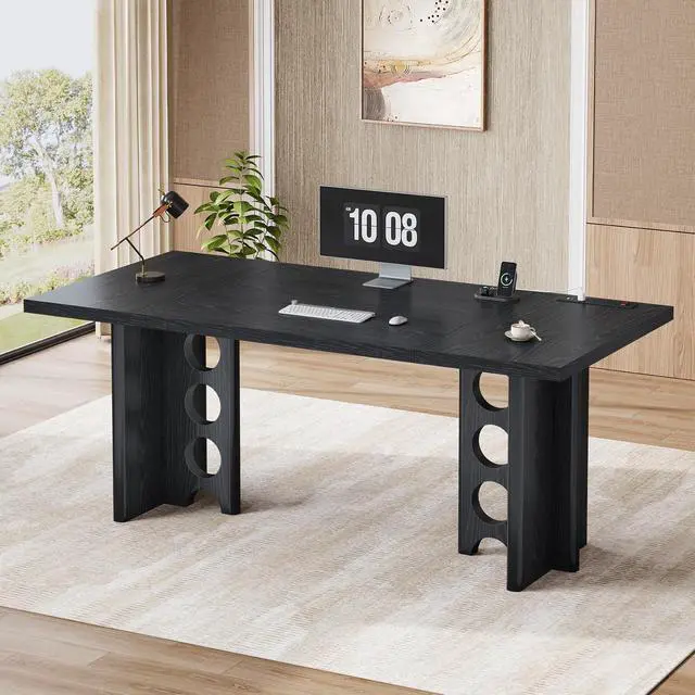 Main image of 63 Inch Executive Desk with Power Outlet, Modern Computer Office Desks, Large Laptop Desk Writing Table Workstation Business Furniture for Home Office, Black