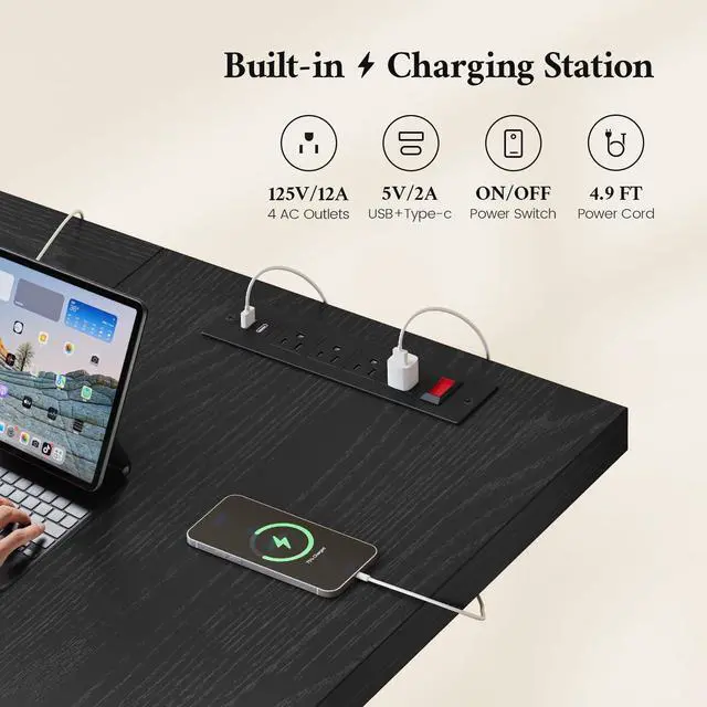 Alt view image 3 of 6 - 63 Inch Executive Desk with Power Outlet, Modern Computer Office Desks, Large Laptop Desk Writing Table Workstation Business Furniture for Home Office, Black