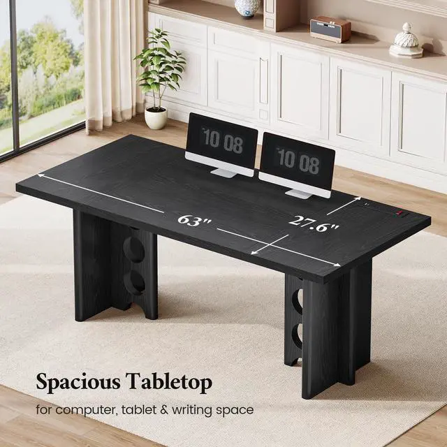 Alt view image 4 of 6 - 63 Inch Executive Desk with Power Outlet, Modern Computer Office Desks, Large Laptop Desk Writing Table Workstation Business Furniture for Home Office, Black