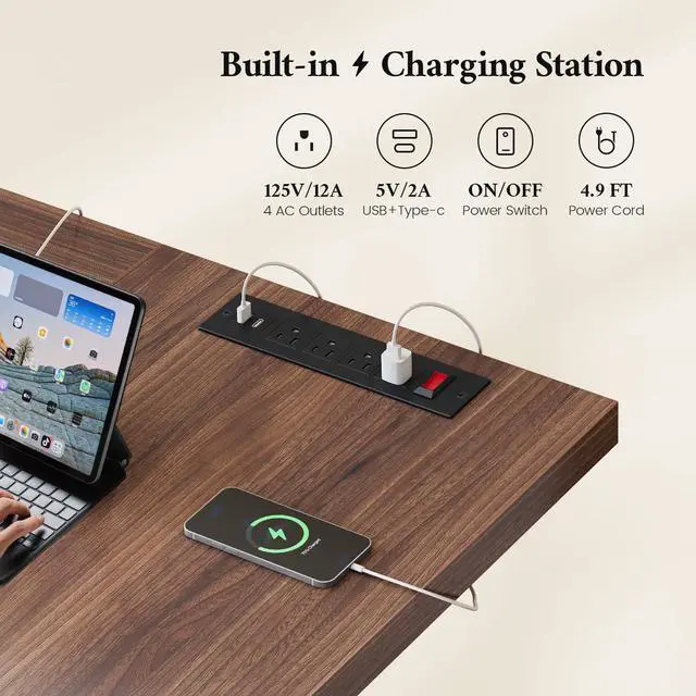 Alt view image 3 of 6 - 63 Inch Executive Desk with Power Outlet, Modern Computer Office Desks, Large Laptop Desk Writing Table Workstation Business Furniture for Home Office, Brown