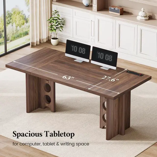 Alt view image 4 of 6 - 63 Inch Executive Desk with Power Outlet, Modern Computer Office Desks, Large Laptop Desk Writing Table Workstation Business Furniture for Home Office, Brown