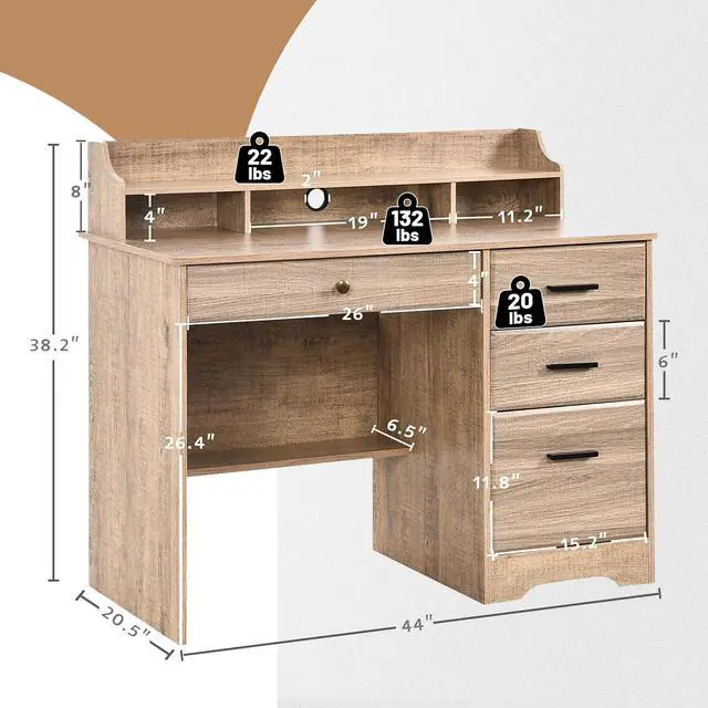 Alt view image 2 of 6 - Computer Desk with 4 Drawers and Hutch, Wood Executive Desks with File Drawer and Shelves, Small Desk Study Table for Bedroom, Student Teen Writing Laptop Table, Grey