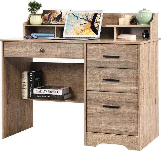 Alt view image 3 of 6 - Computer Desk with 4 Drawers and Hutch, Wood Executive Desks with File Drawer and Shelves, Small Desk Study Table for Bedroom, Student Teen Writing Laptop Table, Grey