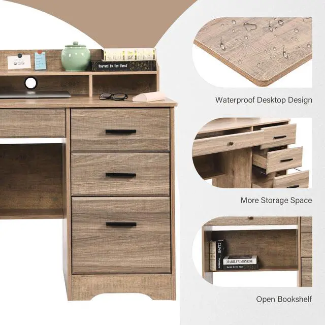 Alt view image 4 of 6 - Computer Desk with 4 Drawers and Hutch, Wood Executive Desks with File Drawer and Shelves, Small Desk Study Table for Bedroom, Student Teen Writing Laptop Table, Grey
