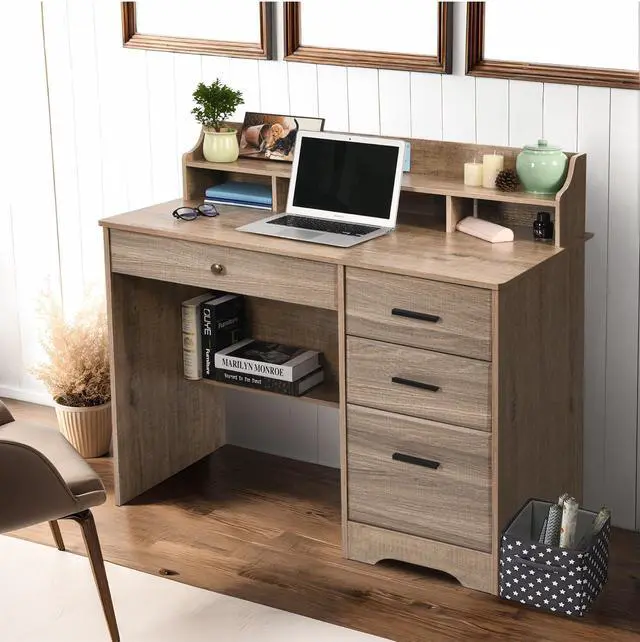 Alt view image 5 of 6 - Computer Desk with 4 Drawers and Hutch, Wood Executive Desks with File Drawer and Shelves, Small Desk Study Table for Bedroom, Student Teen Writing Laptop Table, Grey