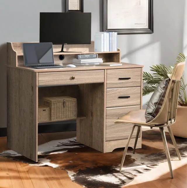 Alt view image 6 of 6 - Computer Desk with 4 Drawers and Hutch, Wood Executive Desks with File Drawer and Shelves, Small Desk Study Table for Bedroom, Student Teen Writing Laptop Table, Grey