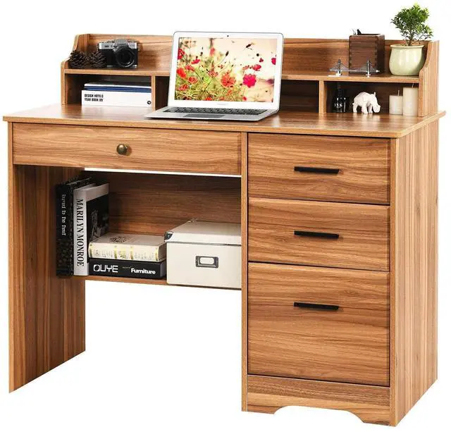 Main image of Computer Desk with 4 Drawers and Hutch, Home Office Desk with File Drawer, 44 Rustic Oak Wood Desk, Study Table for Bedroom, Rustic Oak