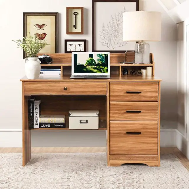 Alt view image 2 of 6 - Computer Desk with 4 Drawers and Hutch, Home Office Desk with File Drawer, 44 Rustic Oak Wood Desk, Study Table for Bedroom, Rustic Oak