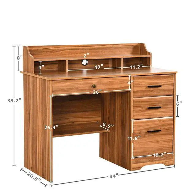 Alt view image 3 of 6 - Computer Desk with 4 Drawers and Hutch, Home Office Desk with File Drawer, 44 Rustic Oak Wood Desk, Study Table for Bedroom, Rustic Oak