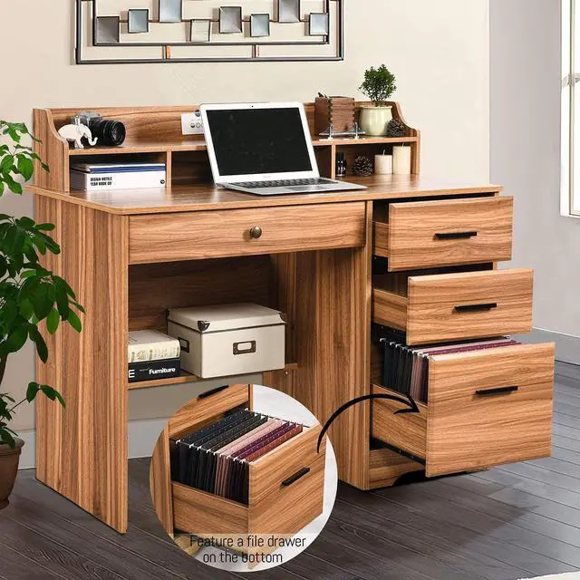 Alt view image 4 of 6 - Computer Desk with 4 Drawers and Hutch, Home Office Desk with File Drawer, 44 Rustic Oak Wood Desk, Study Table for Bedroom, Rustic Oak
