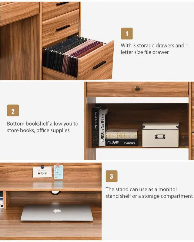 Alt view image 5 of 6 - Computer Desk with 4 Drawers and Hutch, Home Office Desk with File Drawer, 44 Rustic Oak Wood Desk, Study Table for Bedroom, Rustic Oak