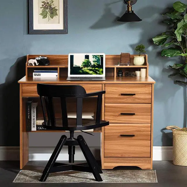 Alt view image 6 of 6 - Computer Desk with 4 Drawers and Hutch, Home Office Desk with File Drawer, 44 Rustic Oak Wood Desk, Study Table for Bedroom, Rustic Oak