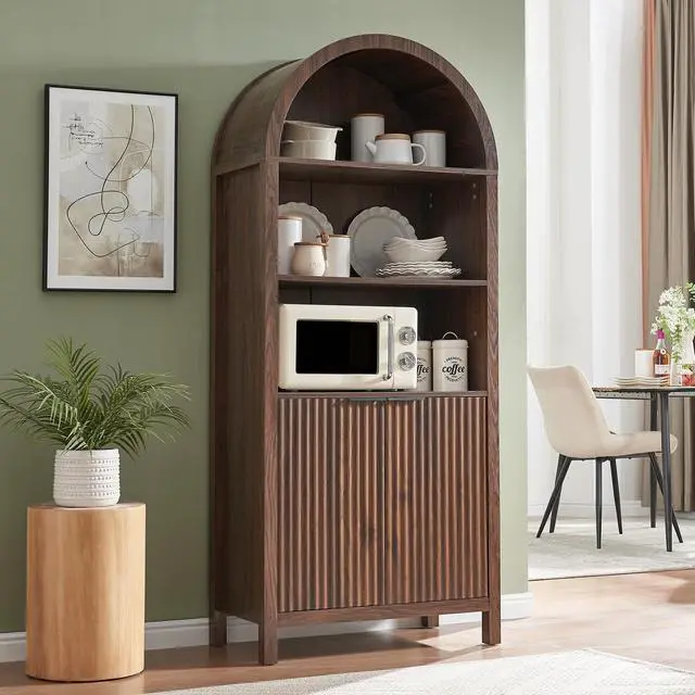Main image of Arched Cabinet Bookshelf Bookcase - 71 Tall Mid Century Arched Display Cabinets, Rounded Bookshelf with Fluted Doors, Open Shelf Storage Cabinet for Dining Room (Walnut)