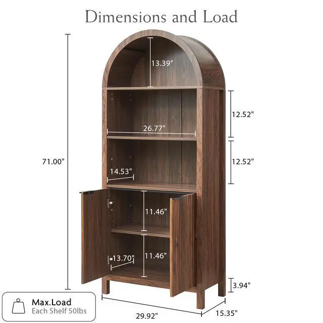 Alt view image 2 of 6 - Arched Cabinet Bookshelf Bookcase - 71 Tall Mid Century Arched Display Cabinets, Rounded Bookshelf with Fluted Doors, Open Shelf Storage Cabinet for Dining Room (Walnut)