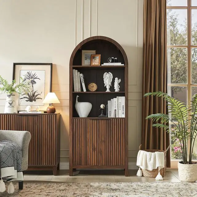Alt view image 4 of 6 - Arched Cabinet Bookshelf Bookcase - 71 Tall Mid Century Arched Display Cabinets, Rounded Bookshelf with Fluted Doors, Open Shelf Storage Cabinet for Dining Room (Walnut)
