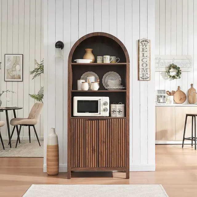 Alt view image 5 of 6 - Arched Cabinet Bookshelf Bookcase - 71 Tall Mid Century Arched Display Cabinets, Rounded Bookshelf with Fluted Doors, Open Shelf Storage Cabinet for Dining Room (Walnut)