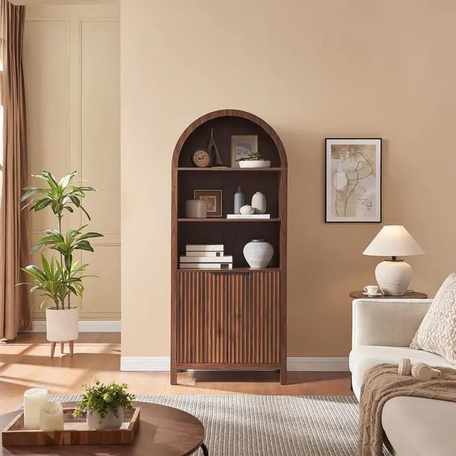 Alt view image 6 of 6 - Arched Cabinet Bookshelf Bookcase - 71 Tall Mid Century Arched Display Cabinets, Rounded Bookshelf with Fluted Doors, Open Shelf Storage Cabinet for Dining Room (Walnut)