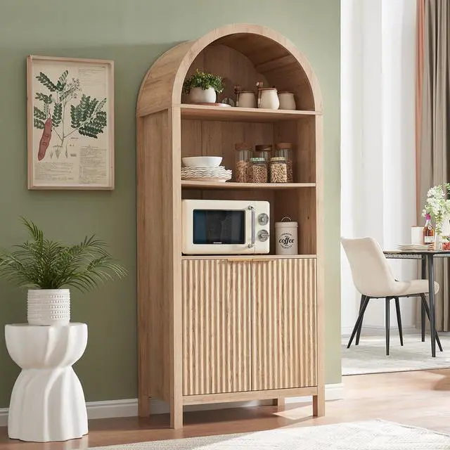 Main image of Arched Cabinet Bookshelf Bookcase - 71 Tall Mid Century Arched Display Cabinets, Rounded Bookshelf with Fluted Doors, Open Shelf Storage Cabinet for Dining Room (Natural)