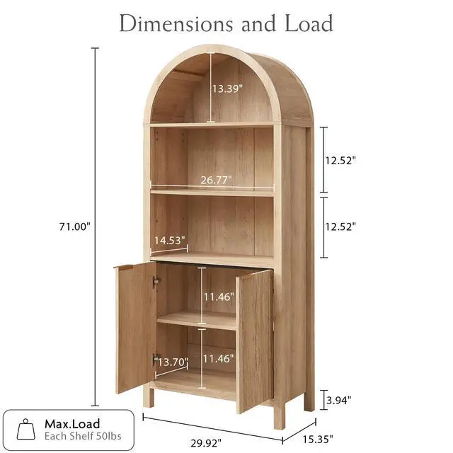 Alt view image 2 of 6 - Arched Cabinet Bookshelf Bookcase - 71 Tall Mid Century Arched Display Cabinets, Rounded Bookshelf with Fluted Doors, Open Shelf Storage Cabinet for Dining Room (Natural)
