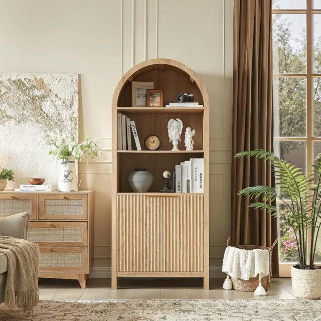 Alt view image 4 of 6 - Arched Cabinet Bookshelf Bookcase - 71 Tall Mid Century Arched Display Cabinets, Rounded Bookshelf with Fluted Doors, Open Shelf Storage Cabinet for Dining Room (Natural)