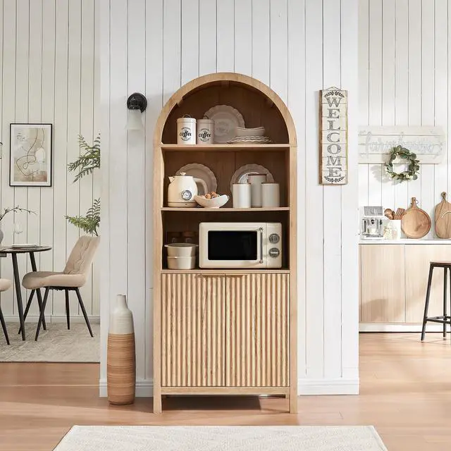 Alt view image 5 of 6 - Arched Cabinet Bookshelf Bookcase - 71 Tall Mid Century Arched Display Cabinets, Rounded Bookshelf with Fluted Doors, Open Shelf Storage Cabinet for Dining Room (Natural)