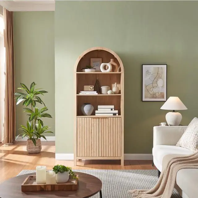 Alt view image 6 of 6 - Arched Cabinet Bookshelf Bookcase - 71 Tall Mid Century Arched Display Cabinets, Rounded Bookshelf with Fluted Doors, Open Shelf Storage Cabinet for Dining Room (Natural)