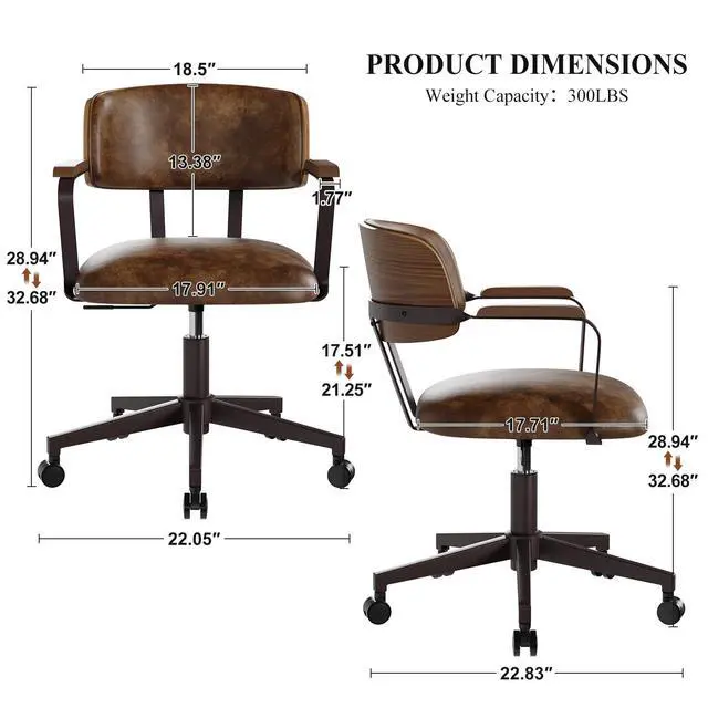 Alt view image 2 of 6 - Mid-Century Desk Chair Walnut Bentwood Swivel Brown