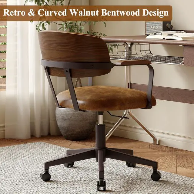 Alt view image 3 of 6 - Mid-Century Desk Chair Walnut Bentwood Swivel Brown