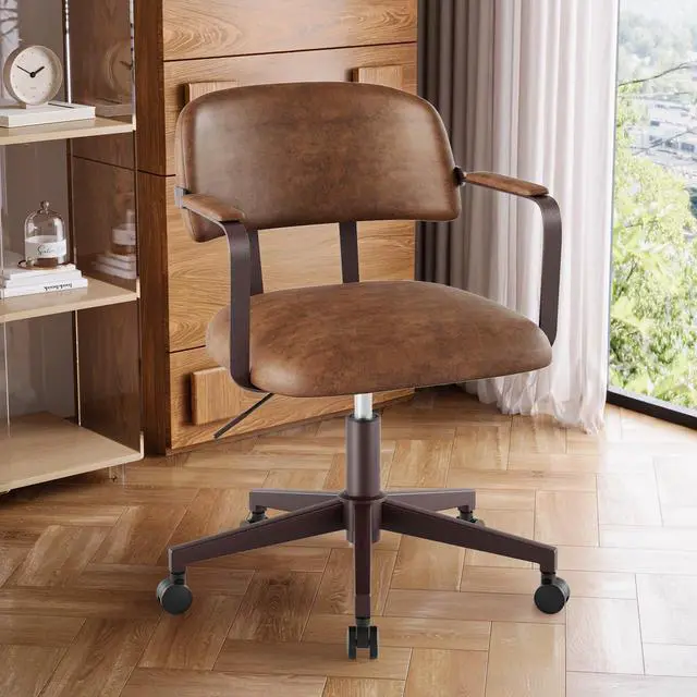 Main image of Mid-Century Desk Chair PU Leather Swivel Quiet Adjustable Casters Brown