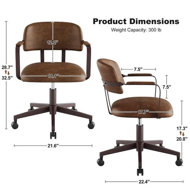 Alt view image 2 of 6 - Mid-Century Desk Chair PU Leather Swivel Quiet Adjustable Casters Brown