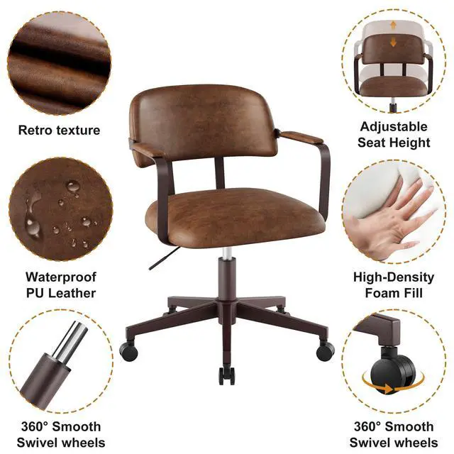 Alt view image 3 of 6 - Mid-Century Desk Chair PU Leather Swivel Quiet Adjustable Casters Brown