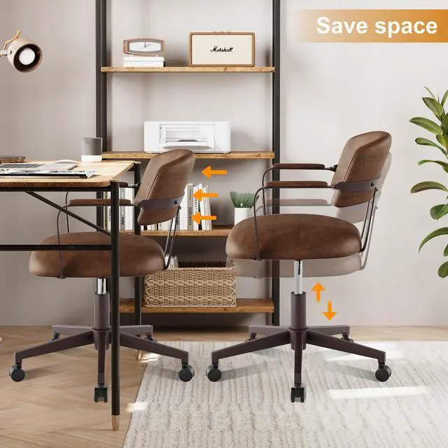 Alt view image 4 of 6 - Mid-Century Desk Chair PU Leather Swivel Quiet Adjustable Casters Brown