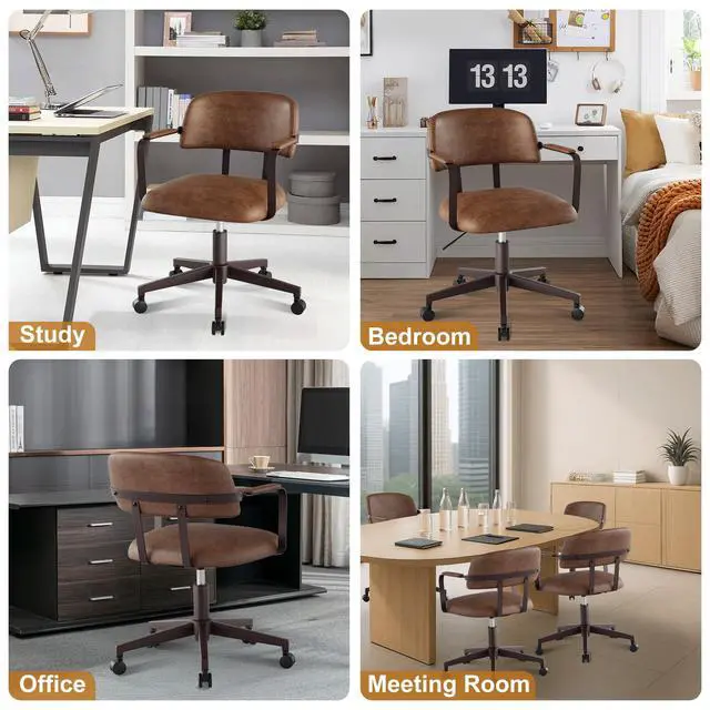 Alt view image 5 of 6 - Mid-Century Desk Chair PU Leather Swivel Quiet Adjustable Casters Brown