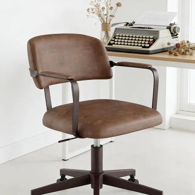 Alt view image 6 of 6 - Mid-Century Desk Chair PU Leather Swivel Quiet Adjustable Casters Brown