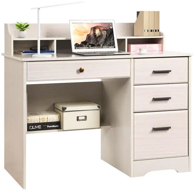 Main image of Computer Desk with Drawers and Hutch, Farmhouse Home Office Desk, Wood Student Desk with File Drawer for Bedroom, Writing Table for Small Space, Warm White