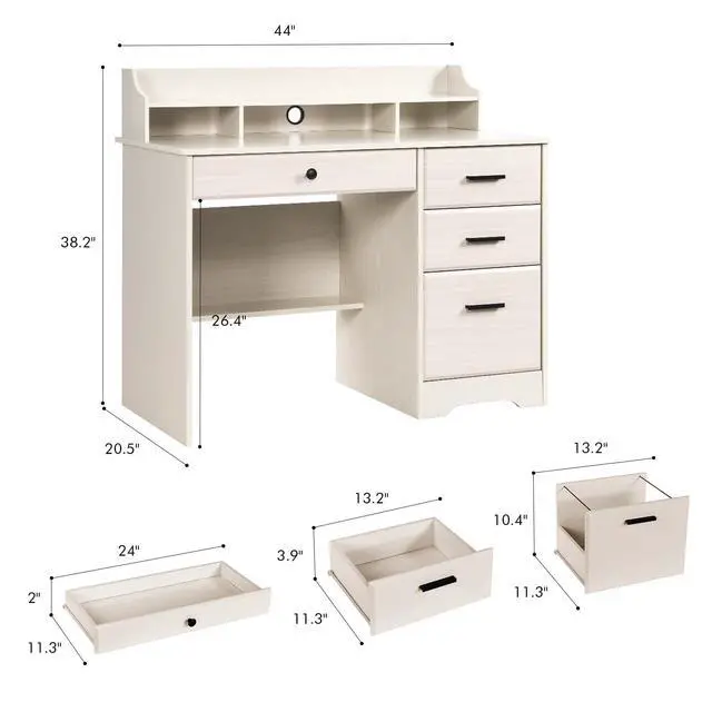 Alt view image 3 of 6 - Computer Desk with Drawers and Hutch, Farmhouse Home Office Desk, Wood Student Desk with File Drawer for Bedroom, Writing Table for Small Space, Warm White