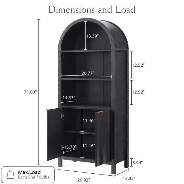 Alt view image 2 of 6 - Arched Cabinet Bookshelf Bookcase - 71 Tall Mid Century Arched Display Cabinets, Rounded Bookshelf with Fluted Doors, Open Shelf Storage Cabinet for Dining Room (Black)
