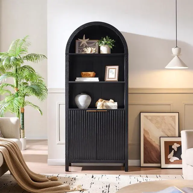 Alt view image 6 of 6 - Arched Cabinet Bookshelf Bookcase - 71 Tall Mid Century Arched Display Cabinets, Rounded Bookshelf with Fluted Doors, Open Shelf Storage Cabinet for Dining Room (Black)
