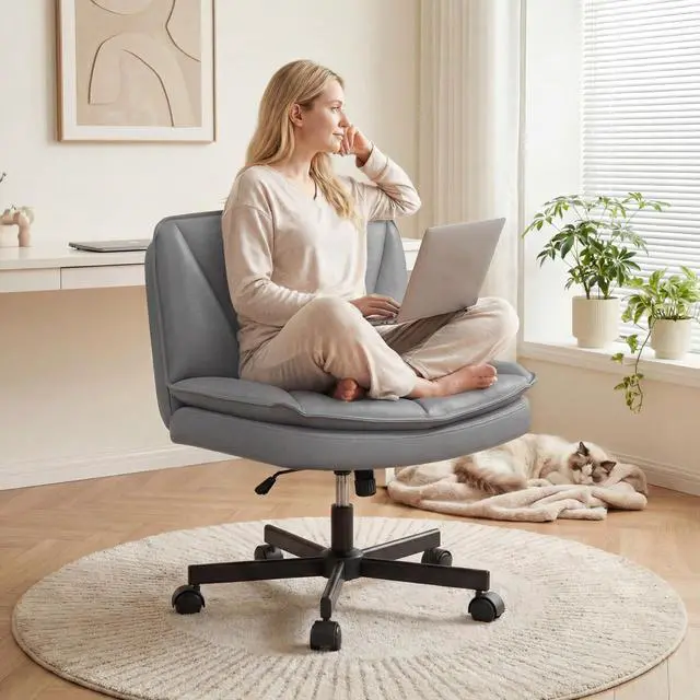 Main image of Ergonomic Office Chair, Comfy Criss Cross Chair with Wheels and 2 Layer Cushion, Wide Swivel Chair for Bedroom, Home Office, Makp-up Room, PU Leather, Grey